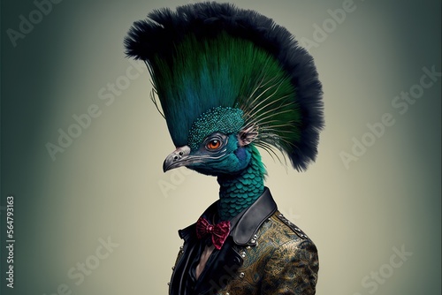 Created with Generative AI technology. Profile shot of an animal punk rocker. Bird peacock as a music rock fan