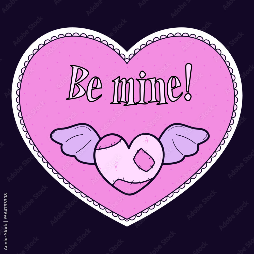 Alternative Valentine card. Creepy clipart. Spooky love. Kawaii pastel goth style. Be mine. Ragged heart with seam.