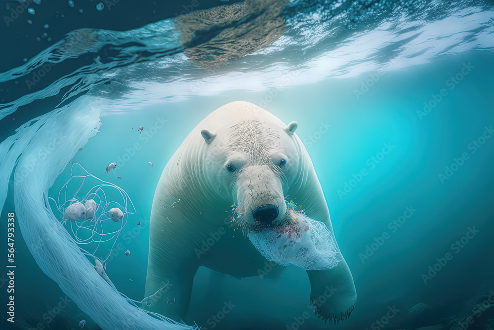 Polar Bear's Struggle for Survival in a Polluted Ocean. AI generated picture.