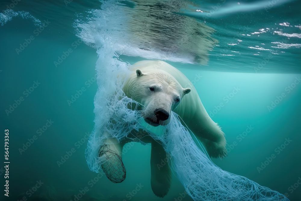 Swimming in a Plastic Nightmare - The Tragic Fate of a Polar Bear. AI generated picture.