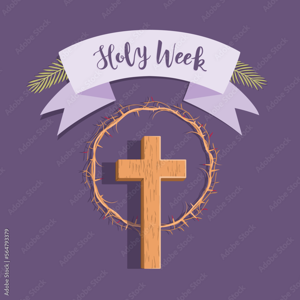 Obraz premium Holy Week. The cross, crown of thorns and palm branches