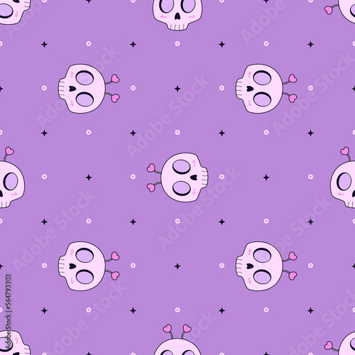 Kawaii skull seamless pattern. Lovely spooky. Creepy love. Killing cute.