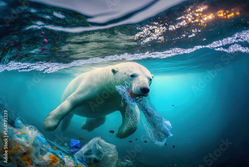 Polar Bear's Plight - Swimming Through a Sea of Plastic. AI generated picture.
