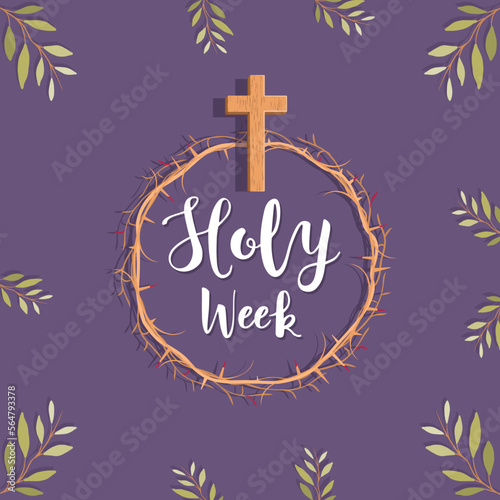 Holy Week. Crown of thorns, the cross and palm branches