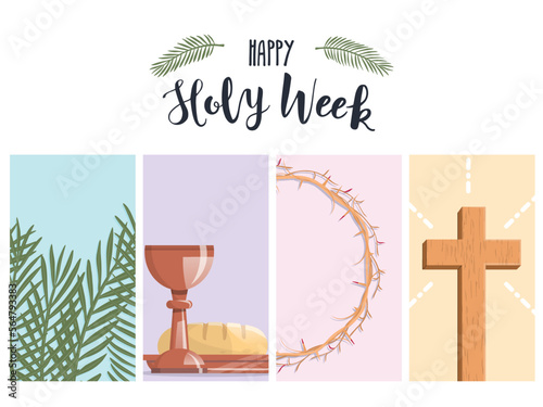 Holy Week banner with palm branches, the last supper, crown of thorns and the cross