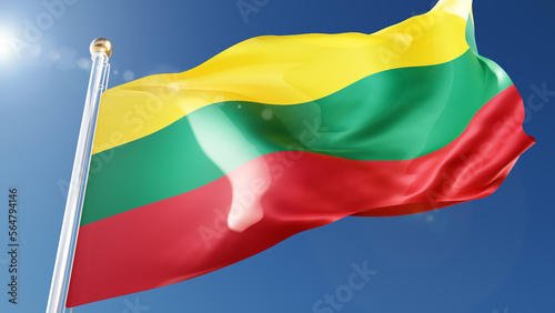 lithuania flag waving in the wind against a blue sky. lithuanian national symbol on flagpole, 3d rendering photo