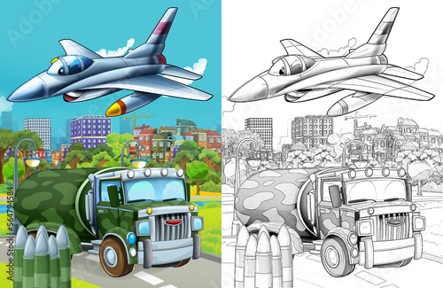 cartoon scene with military army different duty vehicles on the road with sketch illustration for children