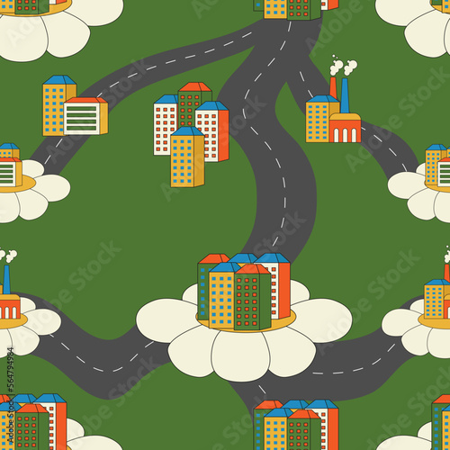 Vector seamless pattern with roads and buildings, retro print with city, vintage