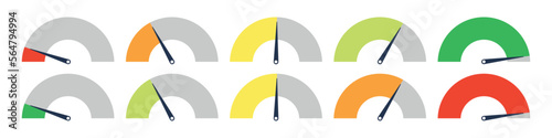 Set of different meter gauge element. Green and red, low and high barometers,bad and good level or risk scale. Vector isolated illustration