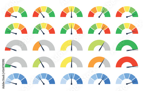 Set of different colorful speedometers, meter gauge element, ratings of varying degrees of satisfaction. Level indicator collection. Vector isolated illustration