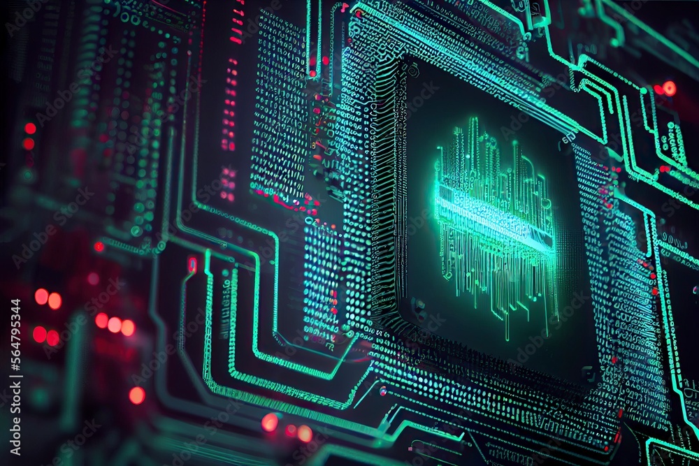 Fototapeta premium Data transformation on a circuit board, generative ai 