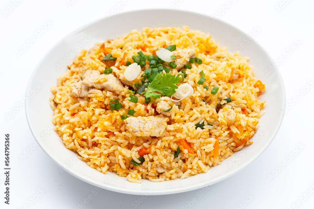 Fried rice in white plate on white background. Fried rice in white plate on white background.