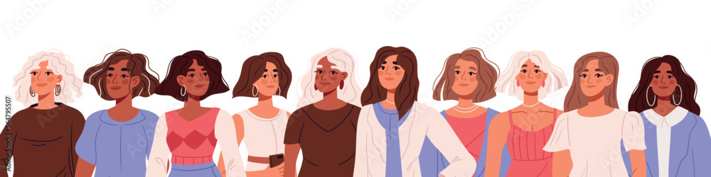International women's day. Group of multinational strong women. Power girls empowerment. Concept for equality, sisterhood community, feminism. Flat vector illustrations isolated on white background International women's day. Group of multinational strong women. Power girls empowerment. Concept for equality, sisterhood community, feminism. Flat vector illustrations isolated on white background