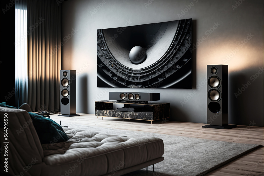 Big TV wall screen in modern living room, television set in luxury