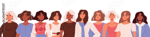 International women's day. Group of multinational strong women. Power girls empowerment. Concept for equality, sisterhood community, feminism. Flat vector illustrations isolated on white background
