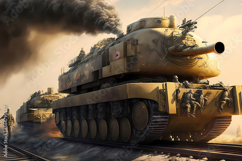 Transportation by train echelon of military equipment with battle tanks. Generation AI