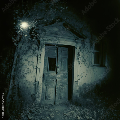 Creepy haunted door in the night with spooky dead trees, 