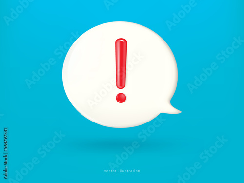 Red exclamation mark symbol and attention or caution sign icon on alert danger problem. Realistic 3d design In plastic cartoon style. Icon isolated on blue background. Vector illustration