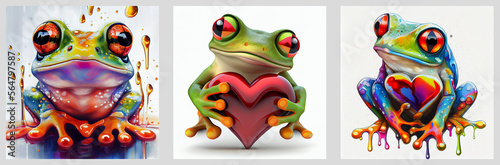 Set of isolated frogs with hearts. AI generative.