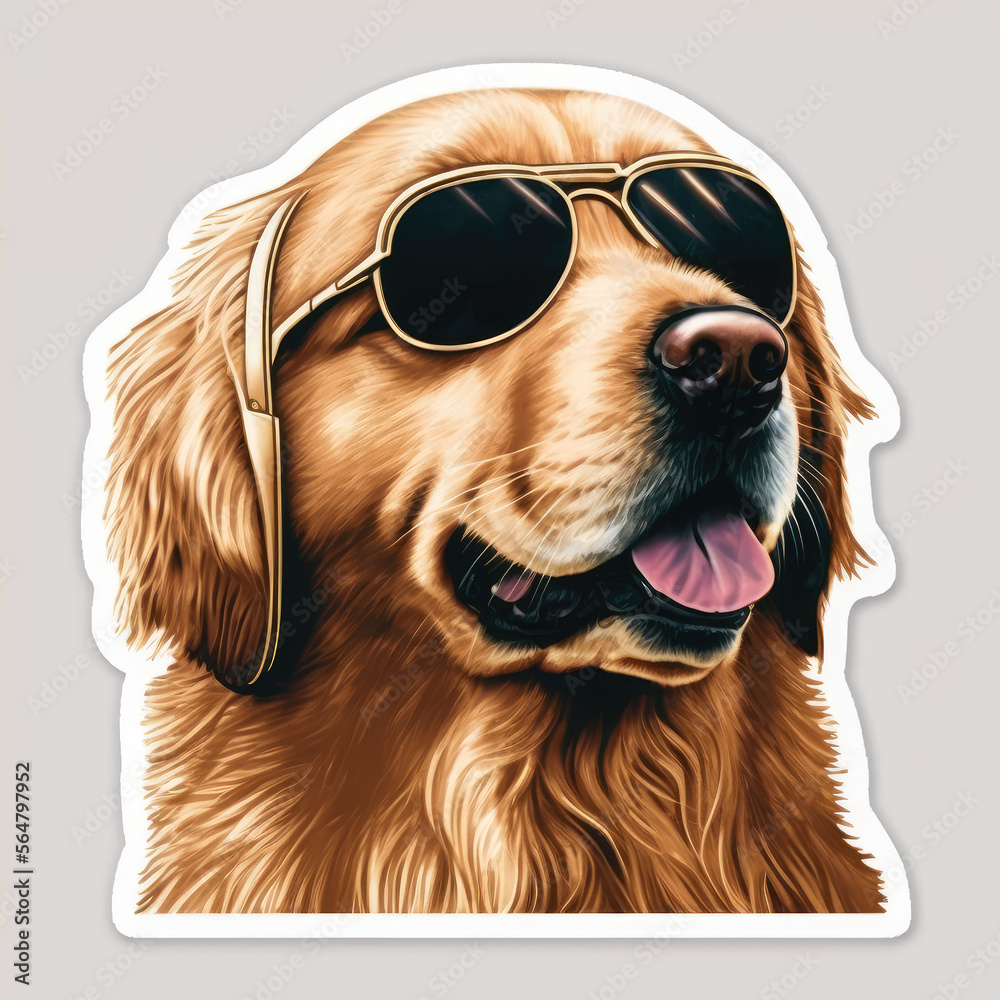 Golden Retriever dog wearing sunglasses isolated on white background, 