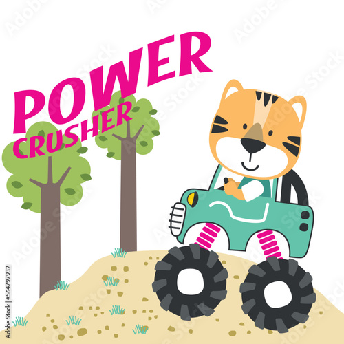 Cartoon vector of monster truck with funny tiger driver. Can be used for t-shirt print  kids wear fashion design  invitation card. fabric  textile  nursery wallpaper  poster and other decoration.
