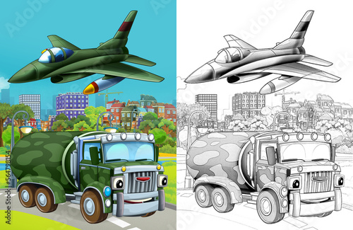 cartoon scene with military army different duty vehicles on the road with sketch illustration for children