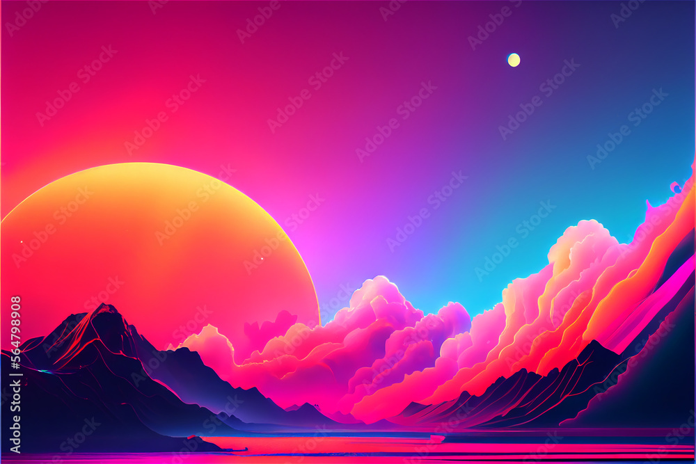 multicolored fantasy landscape at sunset, fantastical background, generative AI