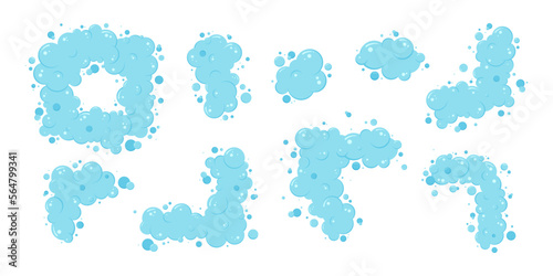 Cartoon soap bubble frame, blue foam border, shower suds, laundry background, wash shampoo, shower bath, water soda, air icon set isolated on white background. Fun abstract vector illustration