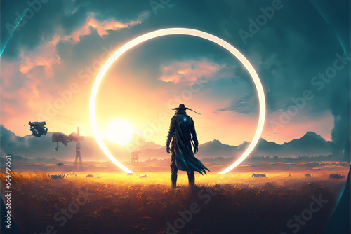 A futuristic man stands in a field, gazing up at the planet with its giant rings. He is marveling at the beauty of this sci-fi scene. generative ai