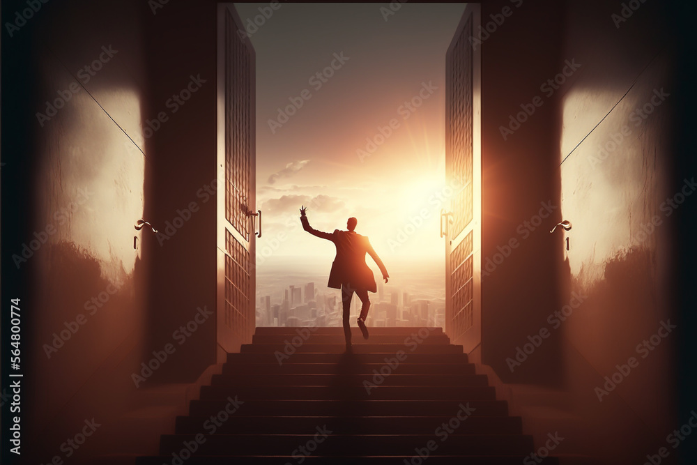 Fototapeta premium A successful businessman is celebrating his success with a cheer on a staircase against a bright blue sky. His success is the result of hard work, dedication , strategic decision-making, generative ai