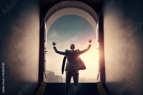 A successful businessman is celebrating his success with a cheer on a staircase against a bright blue sky. His success is the result of hard work, dedication , strategic decision-making, generative ai