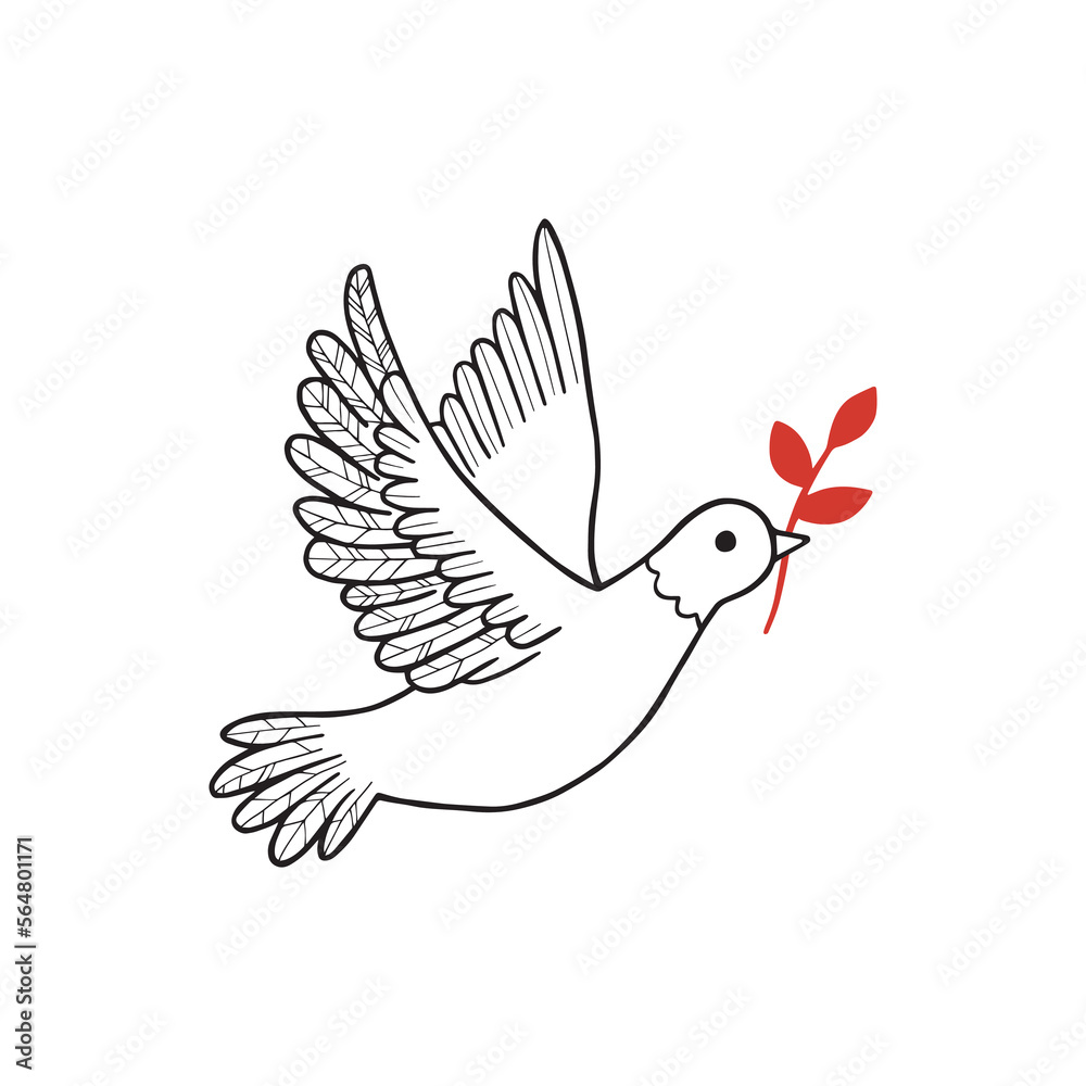 Fototapeta premium Line art dove. Flying pigeon logo drawing. Black and white vector illustration. Good for greeting card, banner, flyer and poster.