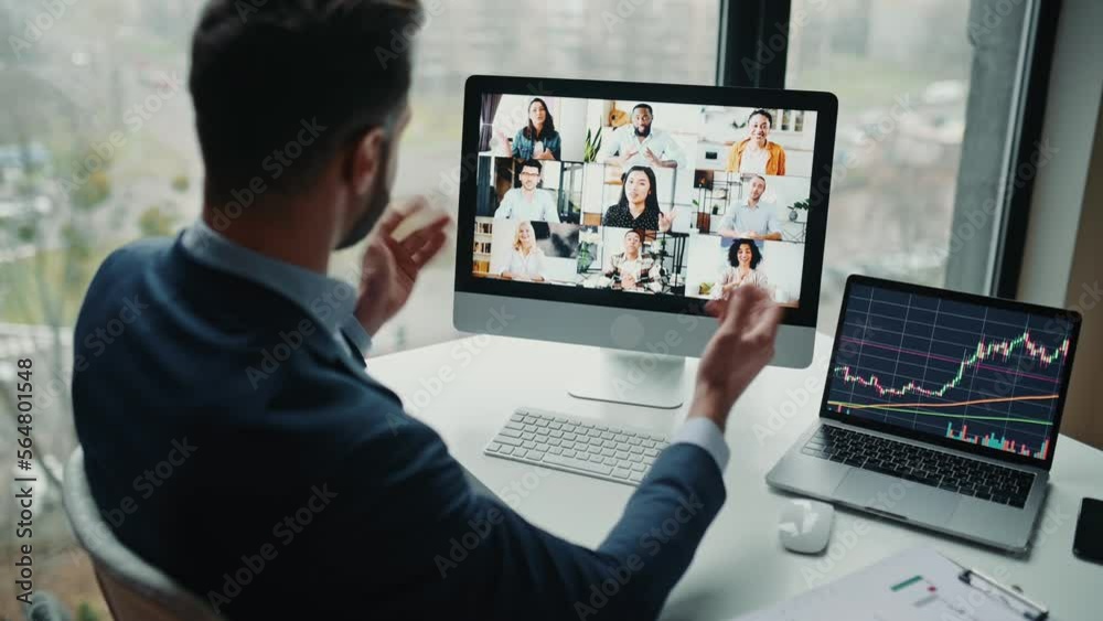 Confident successful businessman, company boss, stock investor, having financial brainstorm with group of multiracial people by video conference, discuss investments in the stock market, risks