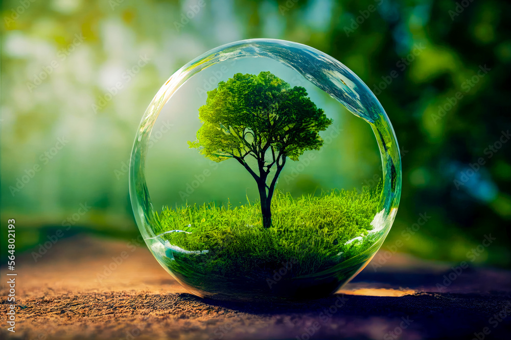 La nature dans une boule en verre, avec un arbre et de l'herbe, écologie, illustration IA générative