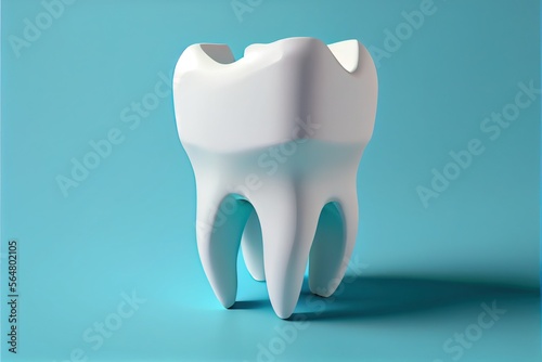 Big white 3d tooth on a blue background. Banner with 3D tooth concept of dental and oral health. Generative AI illustration photo