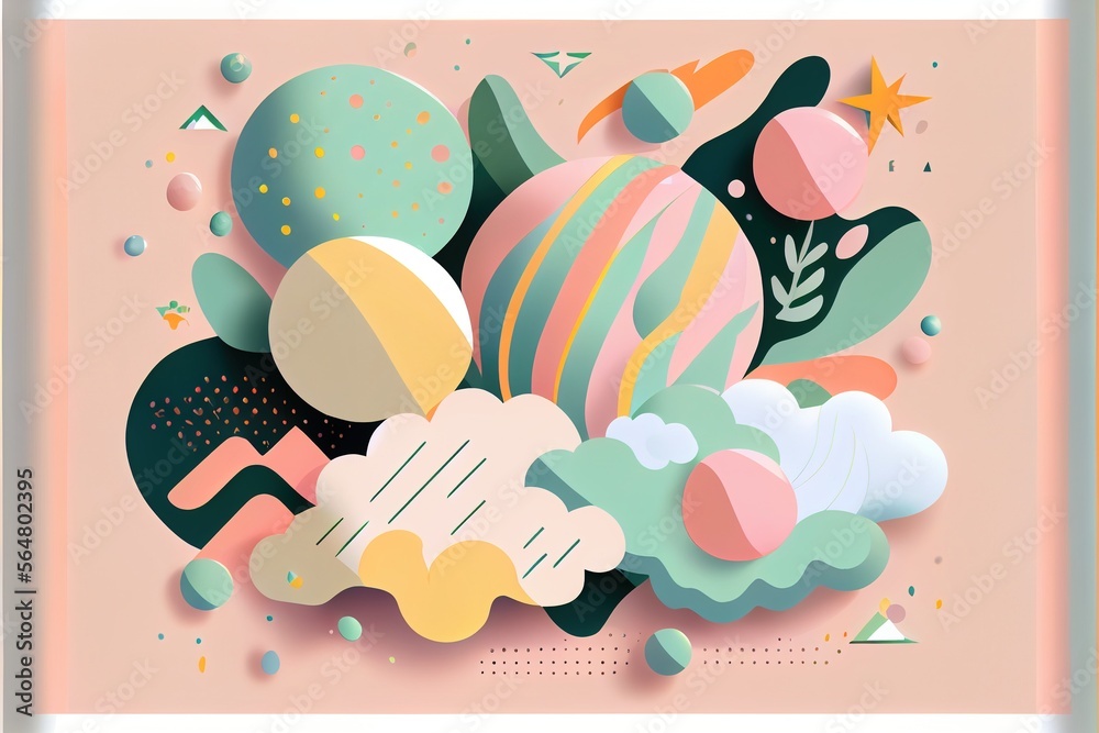 Abstract composition in memphis style, Abstract geometric shapes in the form of mountains, bushes and clouds. 3D artwork composition with liquid shapes. 3D illustration. Generative ai
