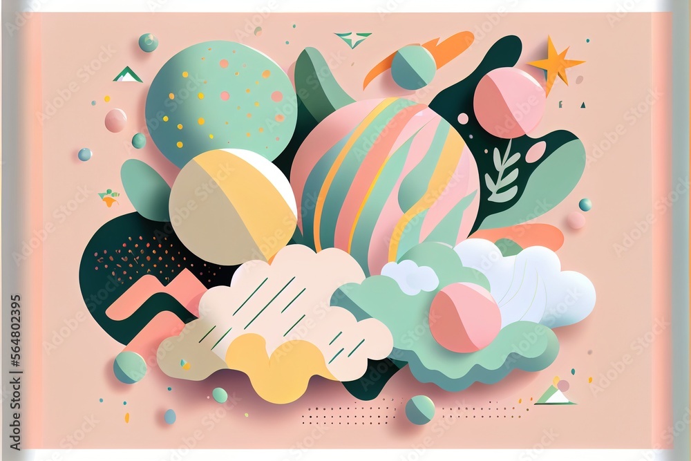 Abstract composition in memphis style, Abstract geometric shapes in the form of mountains, bushes and clouds. 3D artwork composition with liquid shapes. 3D illustration. Generative ai Abstract composition in memphis style, Abstract geometric shapes in the form of mountains, bushes and clouds. 3D artwork composition with liquid shapes. 3D illustration. Generative ai