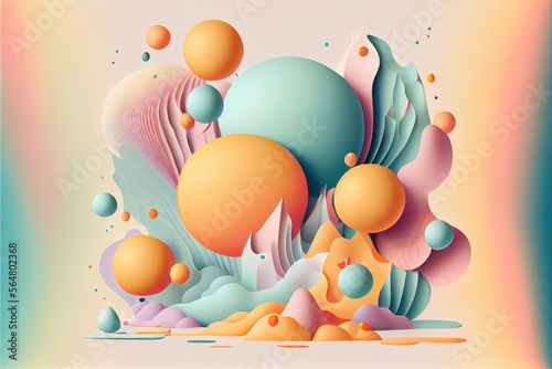 Abstract composition of 3d shapes - circles, liquid shapes. Abstract geometric shapes with effect liquid. 3D illustration, generative ai