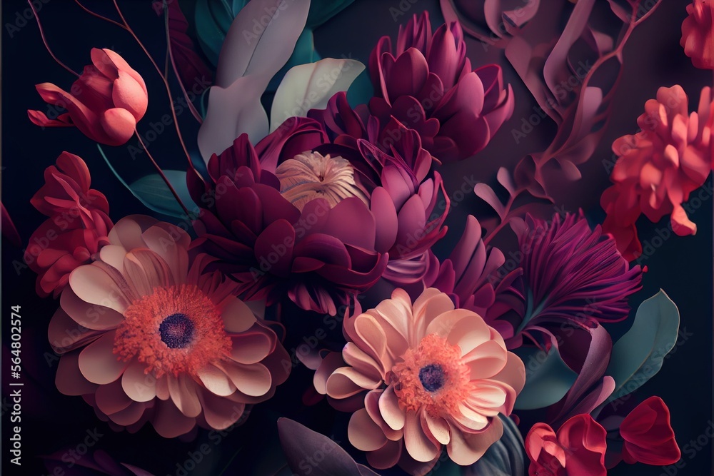 Colorful paper cut flowers on a dark background. 3D digital illustration, holiday floral background, quilling, handmade holiday decoration. Boho card template. Mother's day card. Generative AI	

