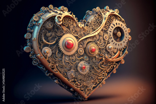 Un cœur mécanique doré, les rouages et la complexité du cœur, illustration IA générative