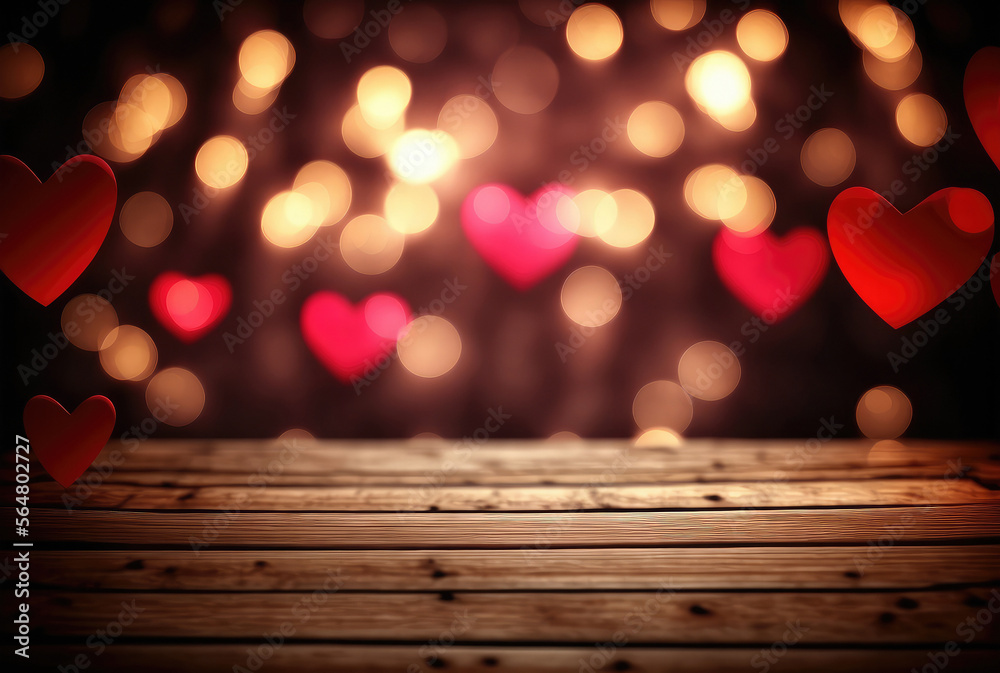 Valentines day themed background with empty wooden table for product display. Blurred red and yellow hearts in the background. Generative AI.
