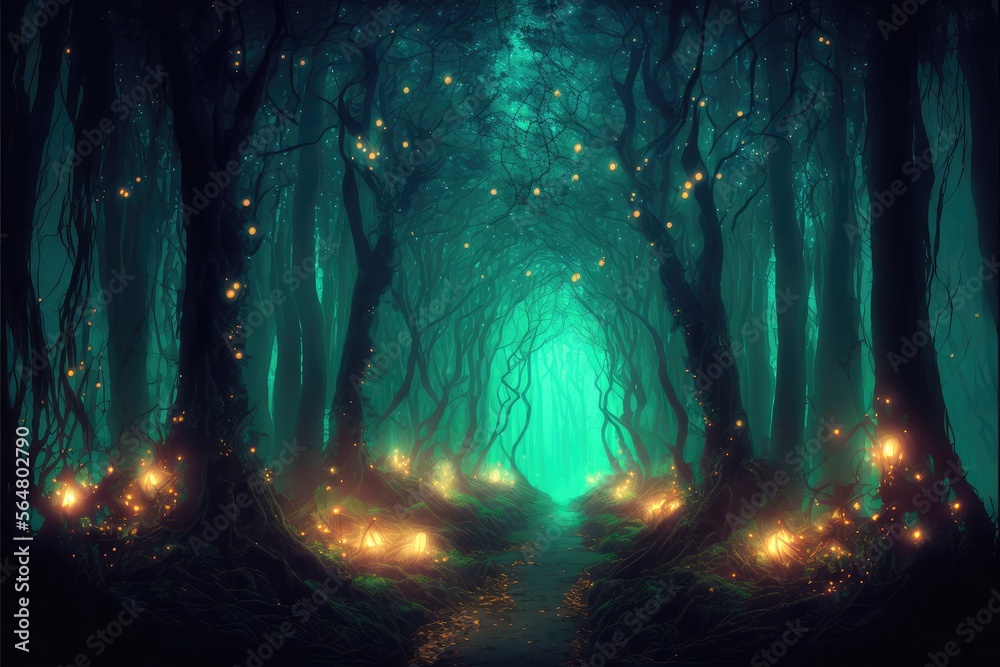 Gloomy fantasy forest scene at night with glowing lights Generative AI
