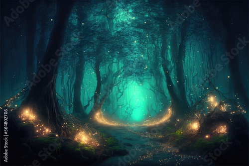 Gloomy fantasy forest scene at night with glowing lights Generative AI