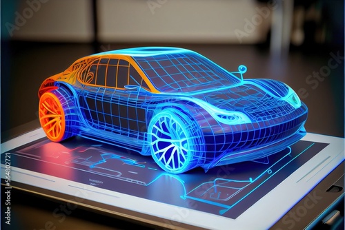 Model of a new modern car on a tablet. Hologram 3D car model on a tablet. Machine projection and design development on a gadget. Realistic 3D illustration, generative ai
