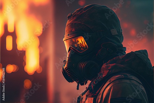 A soldier in a gas mask in a burning city after the bombing. Nuclear war and radiation protection. 3d illustration generative ai