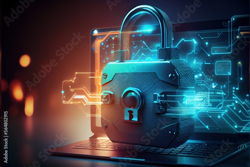 Cybersecurity and data protection in the network. Padlock with keyhole in personal data and closed network. Cyber security from hackers. 3D illustration generative ai