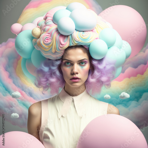 Skinny model with a Pink pastel wig on melancholy expression with a rainbow fantasy backdrop, generative ai photo