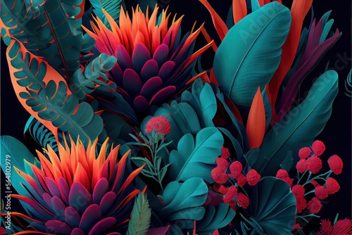 Tropical foliage and blooming flowers. 3d illustration of beautiful flowers and leaves laid out in a composition. Generative ai