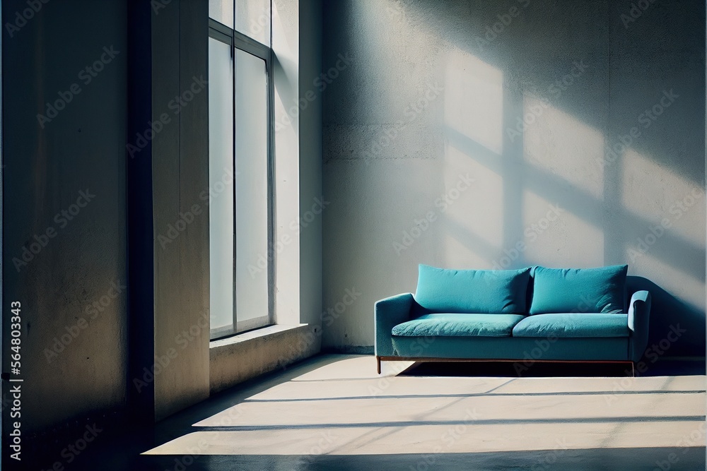 The sofa stands by a large window, the light from which falls directly on  it. Sofa in a large studio. Style and brutalism. Generative AI Stock  Illustration | Adobe Stock