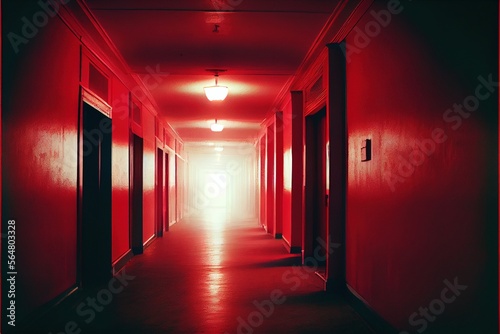 Red colored corridor, fear concept, old camera photo. Generative AI
